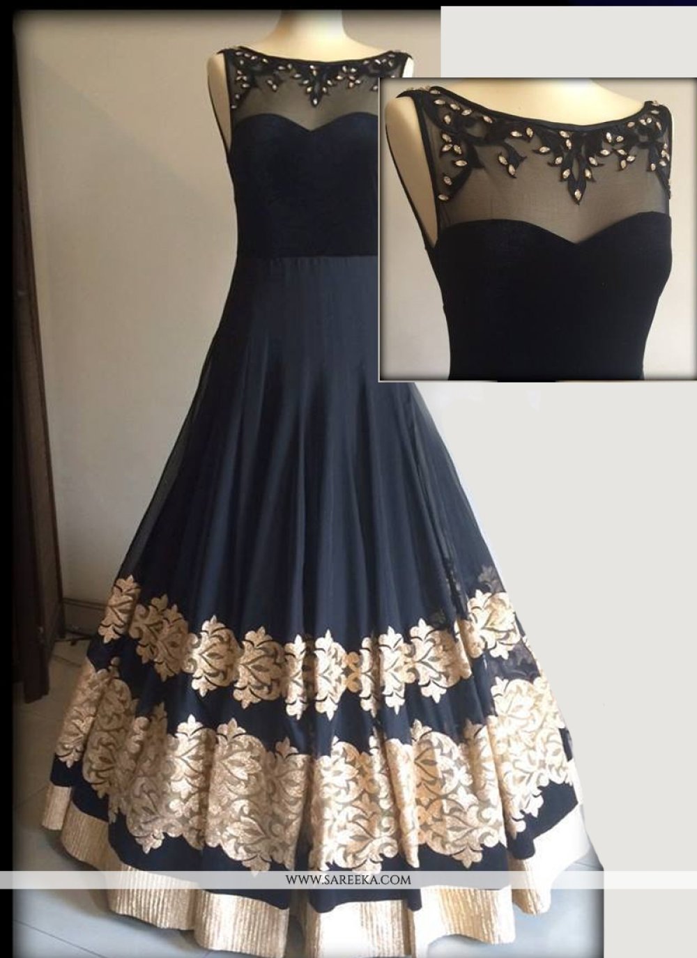 Net Black and Grey Resham Work Designer Gown