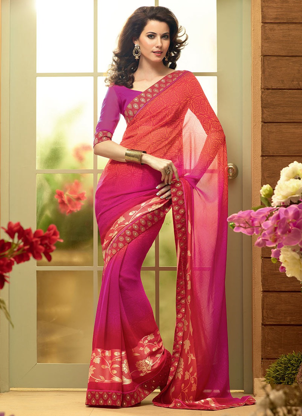 Coral Red And Magenta Shaded Faux Georgette Saree