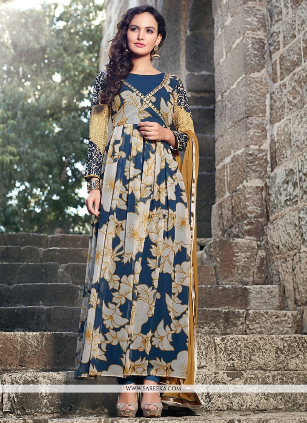 Off White And Blue Georgette Anarkali Suit