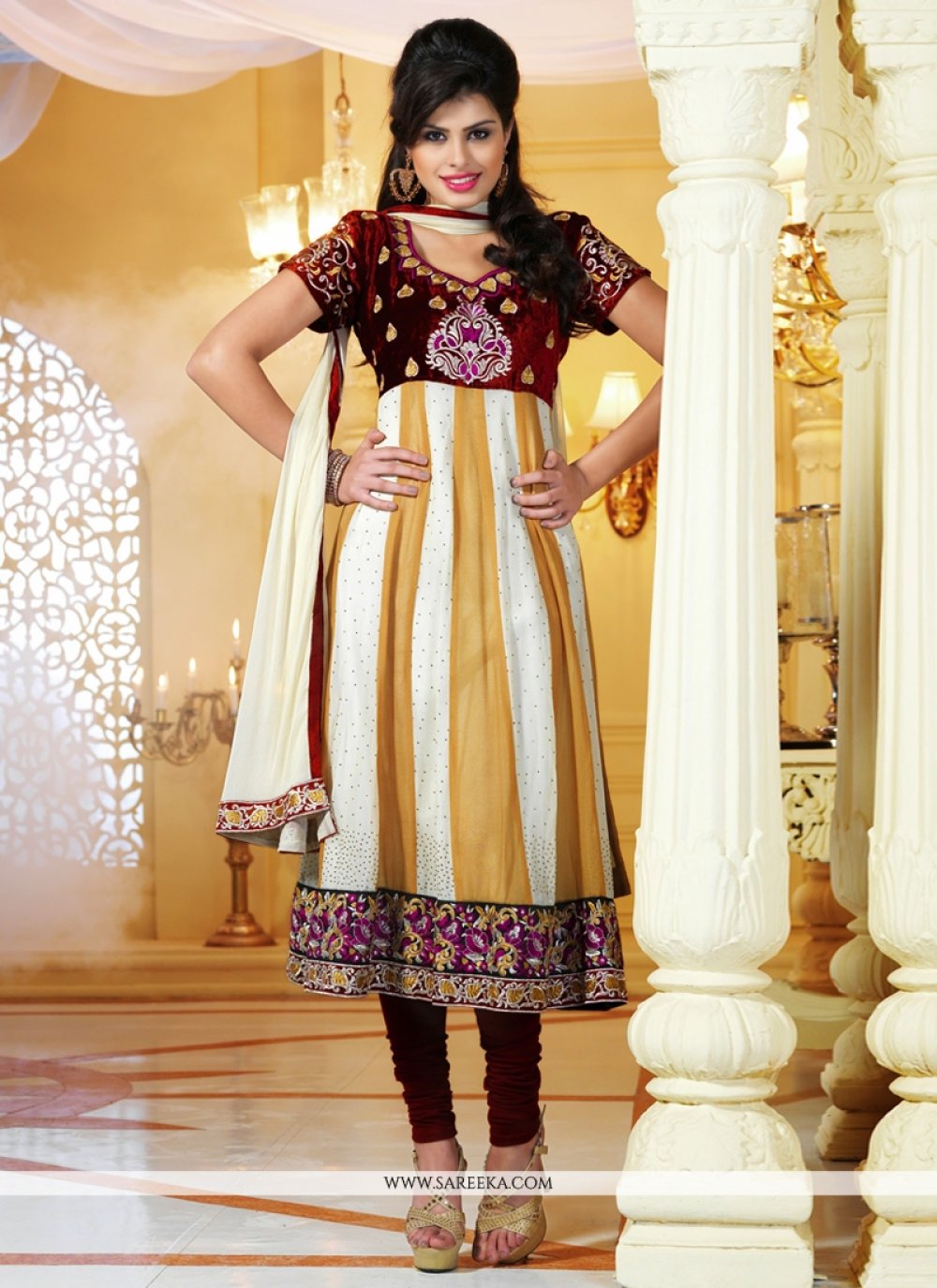 Off White And Cream Viscose Georgette Churidar Suit