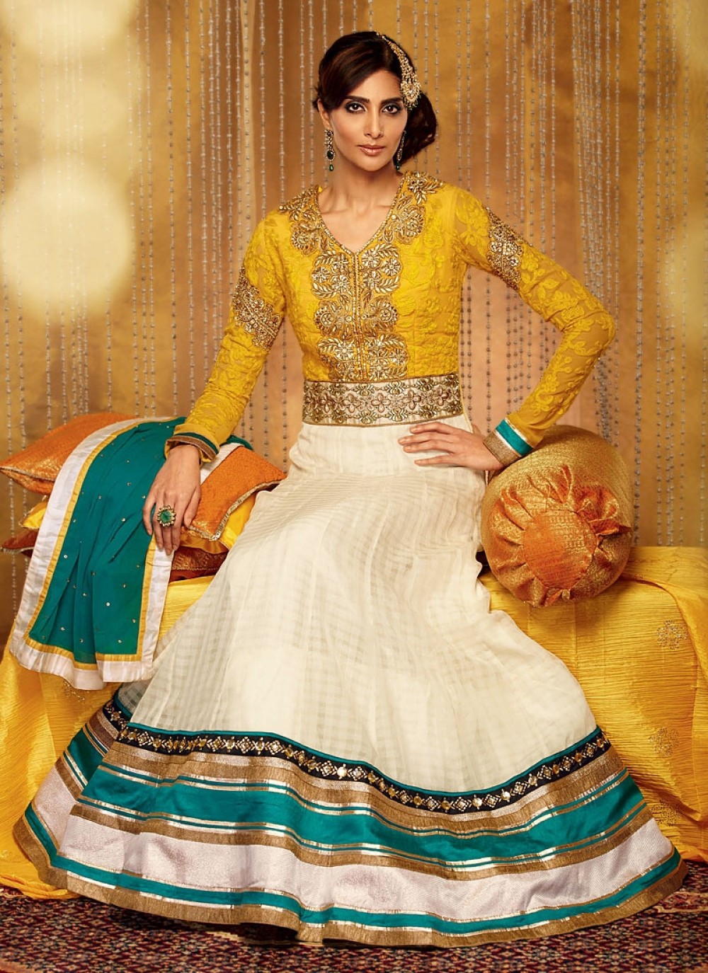 Off White And Mustard Patch Border Georgette Anarkali Suit