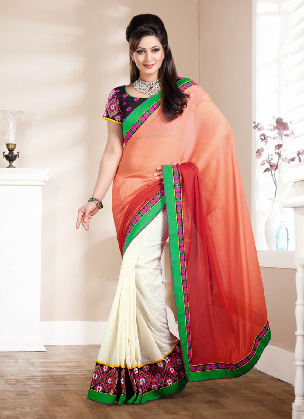 Off White And Peach Chiffon Party Wear Saree