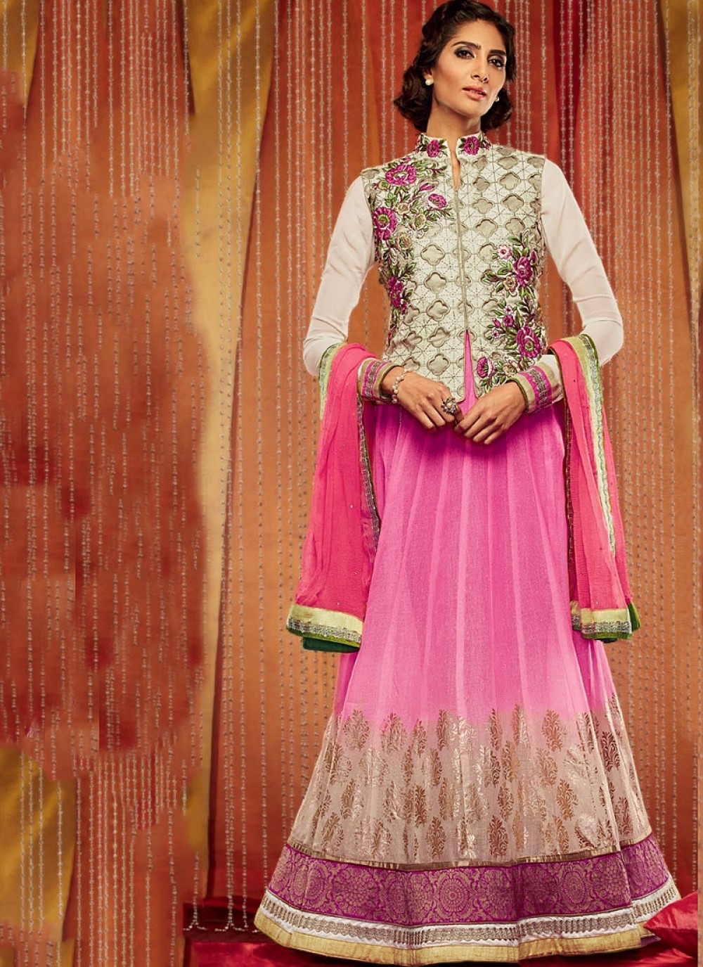 Off White And Pink Embroidery Work Georgette Anarkali Suit