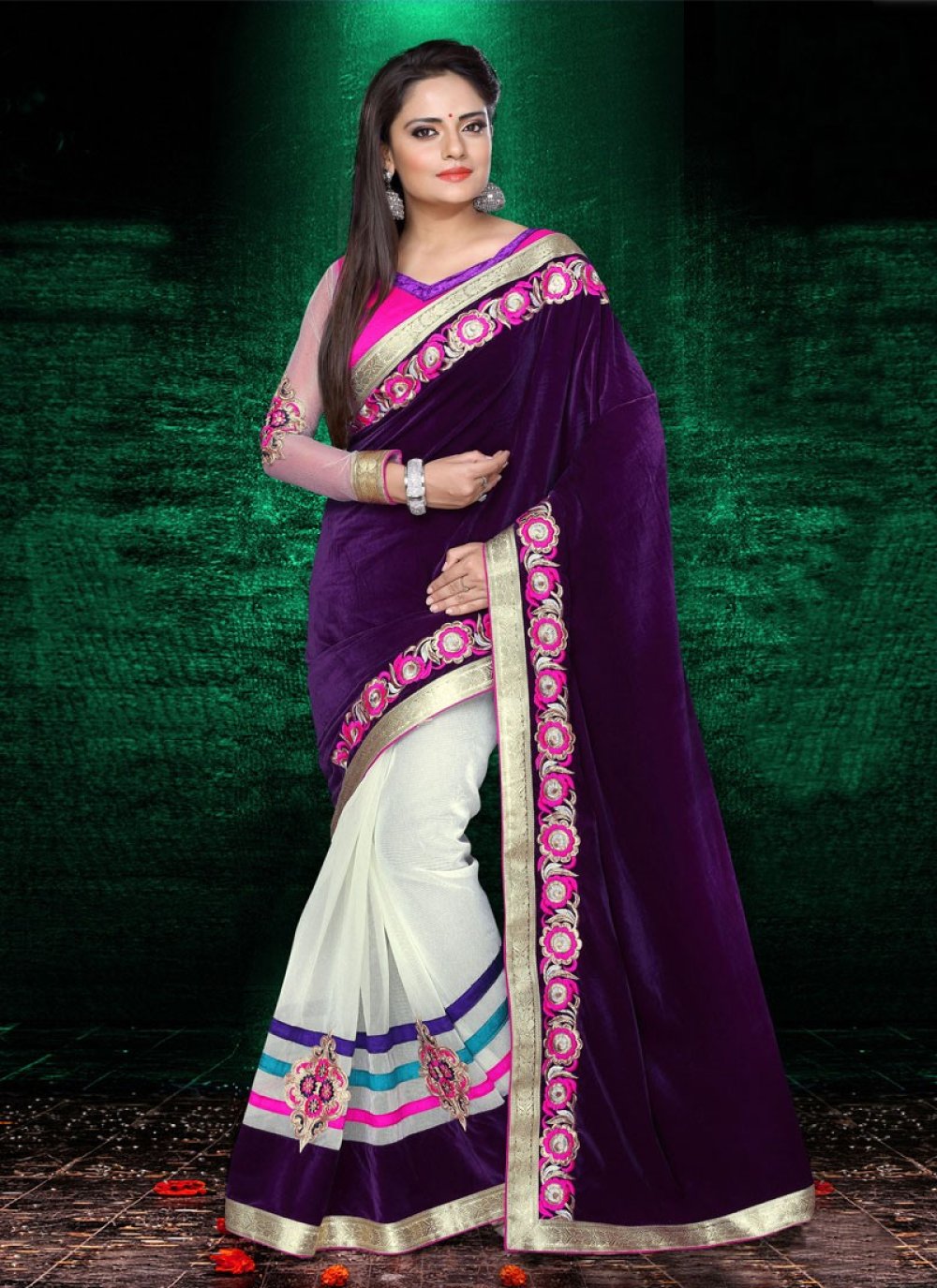 Purple Muggu design meenakari gadwal silk saree with two tone border /