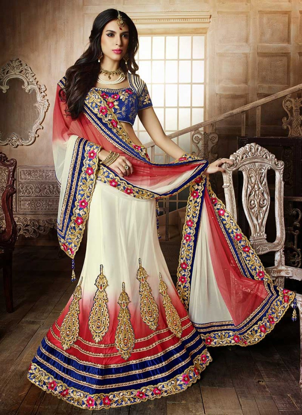 Off White And Red Embroidery Lehenga Choli