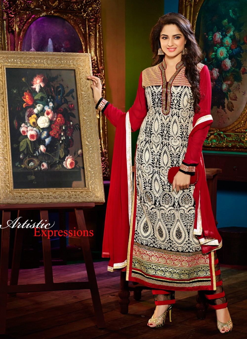 Off White And Red Faux Georgette Churidar Suit