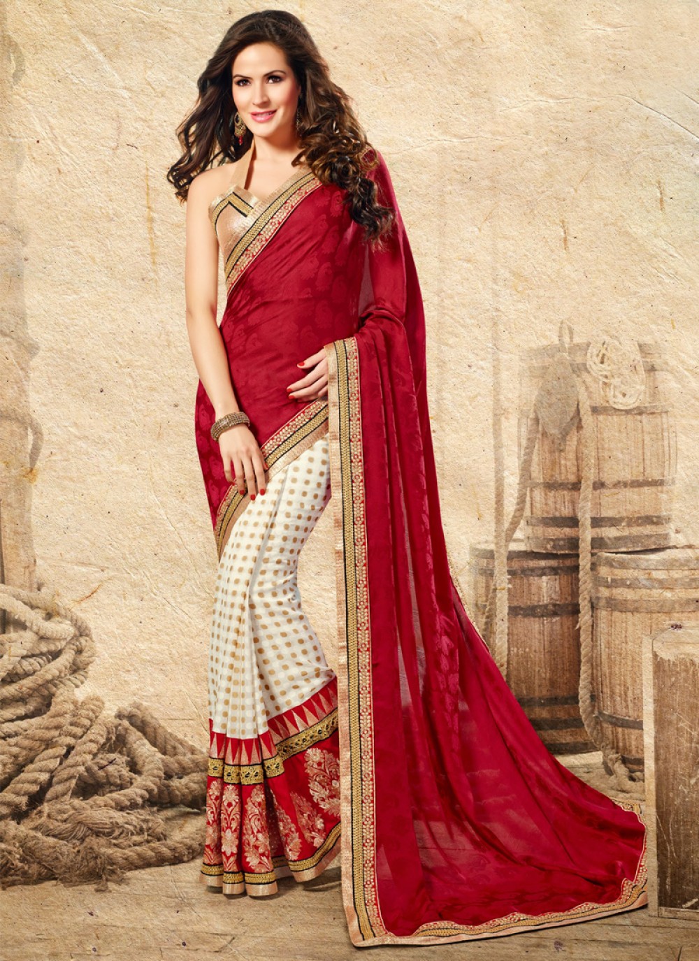 Off White And Red Jacquard Saree