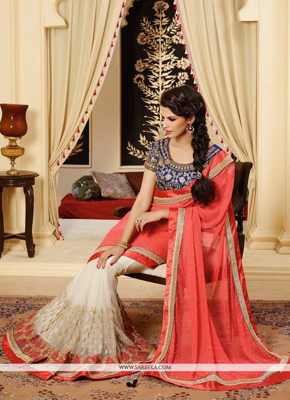 Off White And Red Net And Georgette Saree