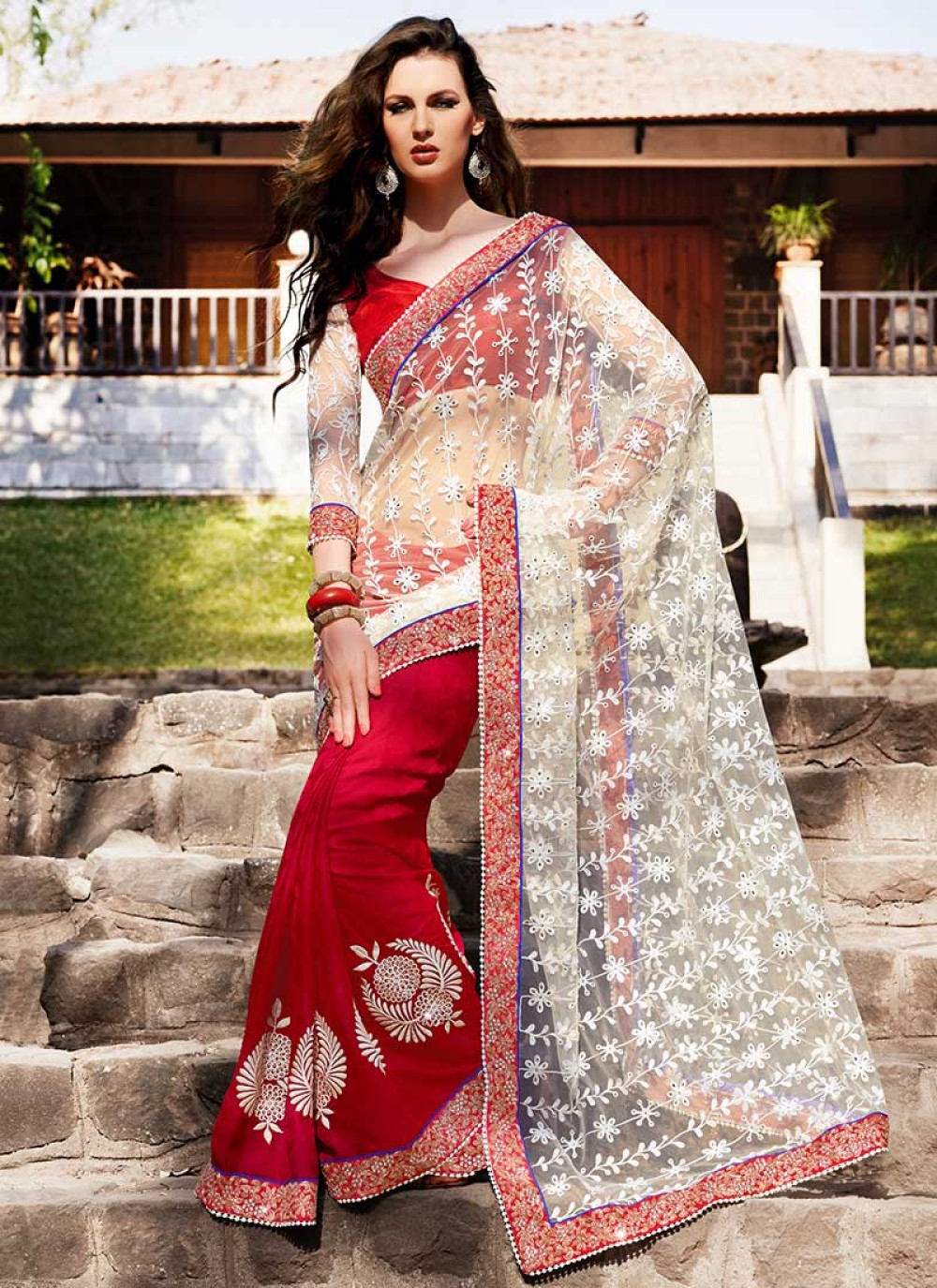 Off White And Red Net Patch Border Work Saree