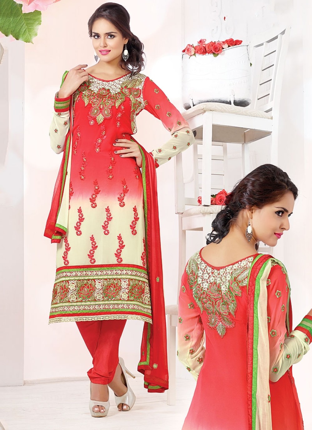 Off White And Red Shaded Viscose Churidar Suit