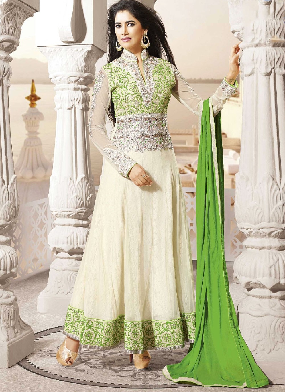 Off White Embroidered Net Long Anarkali Suit