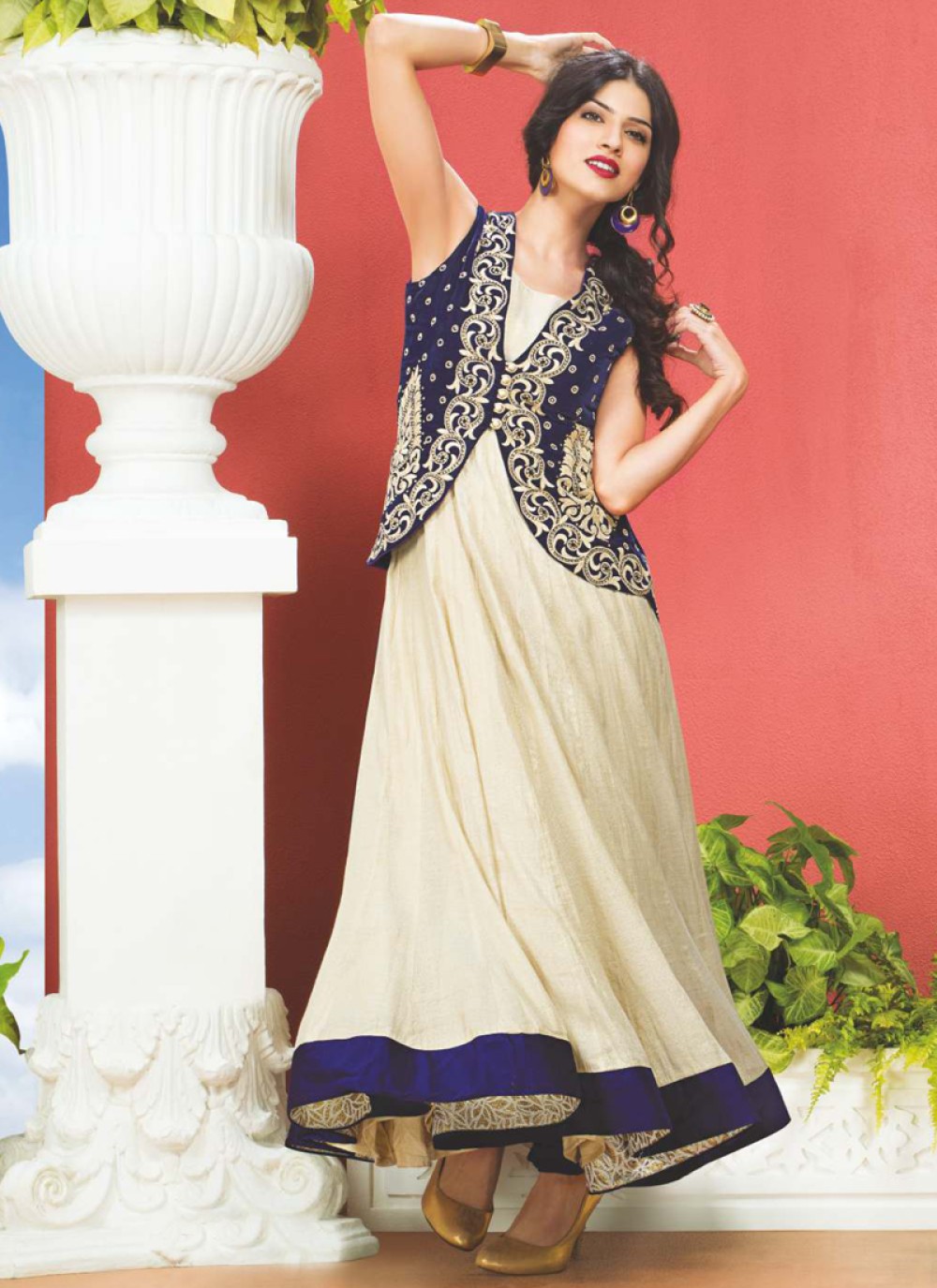 Cream And Blue Embroidery Designer Suit