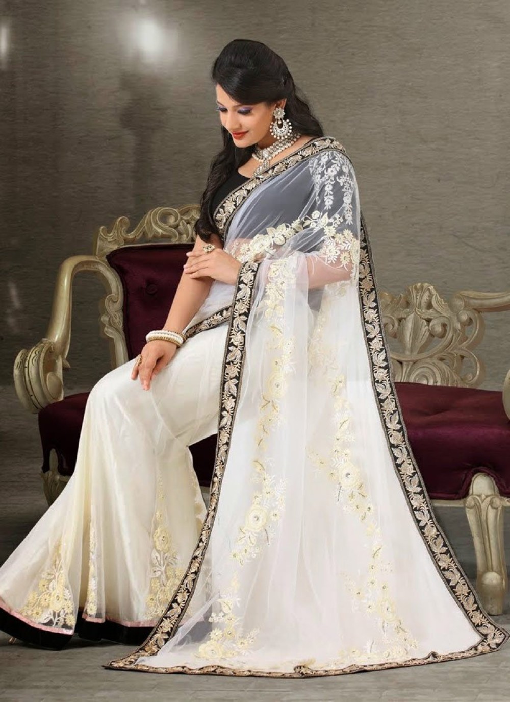 Off White Embroidery Work Net Georgette Saree