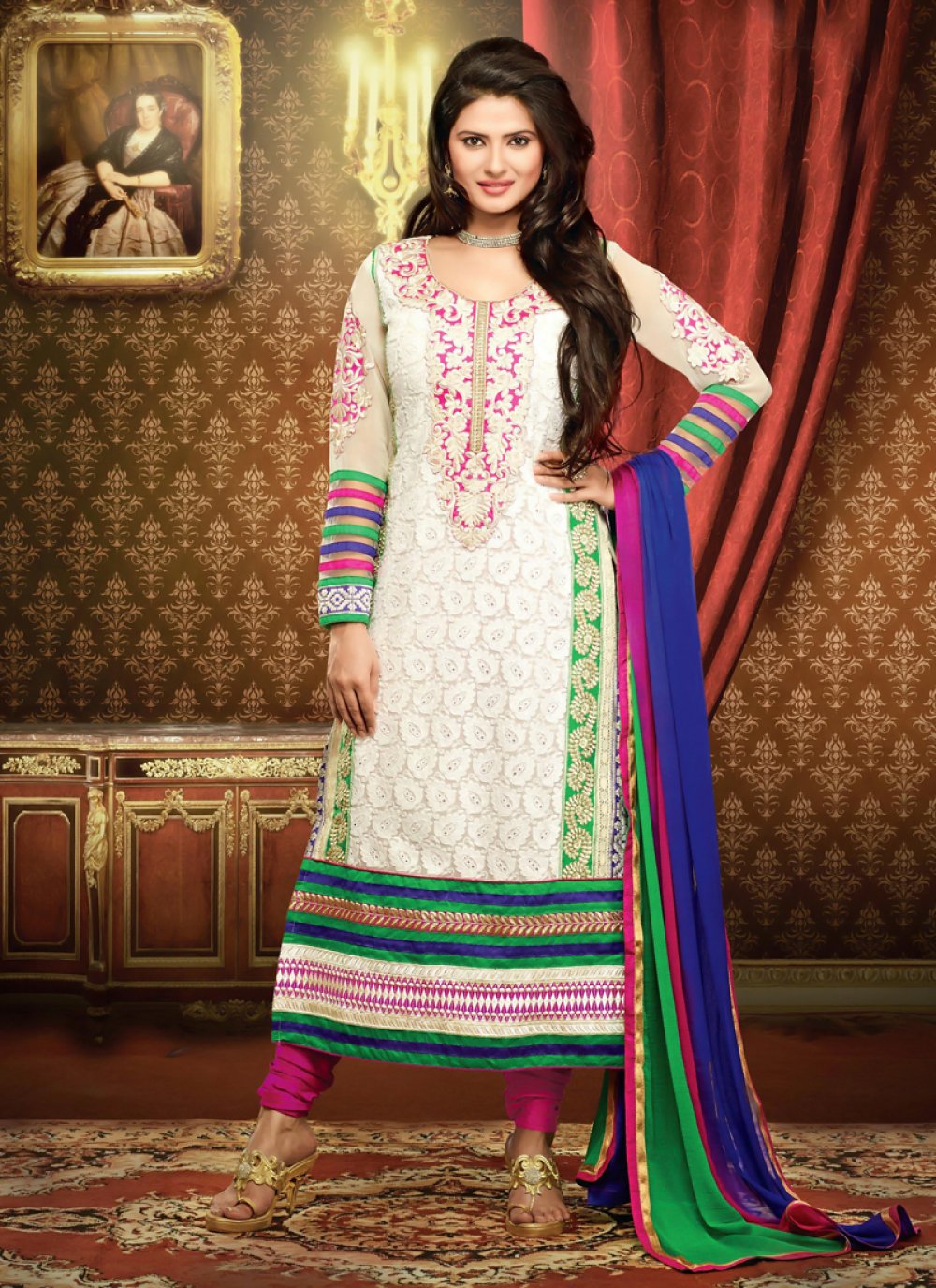 Off White Georgette Churidar Salwar Kameez