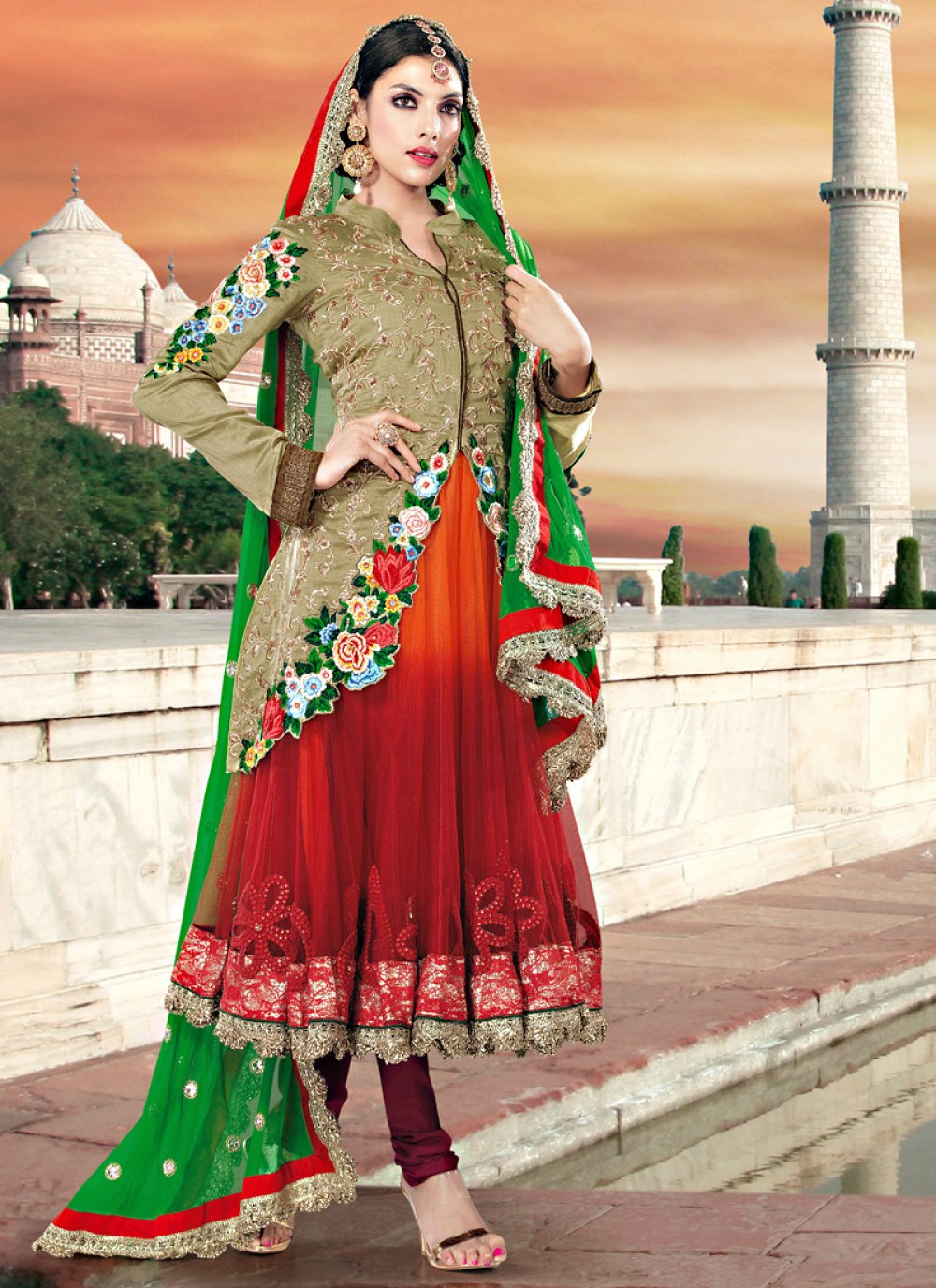 Olive Green, Orange And Red Net And Art Silk Anarkali Suit