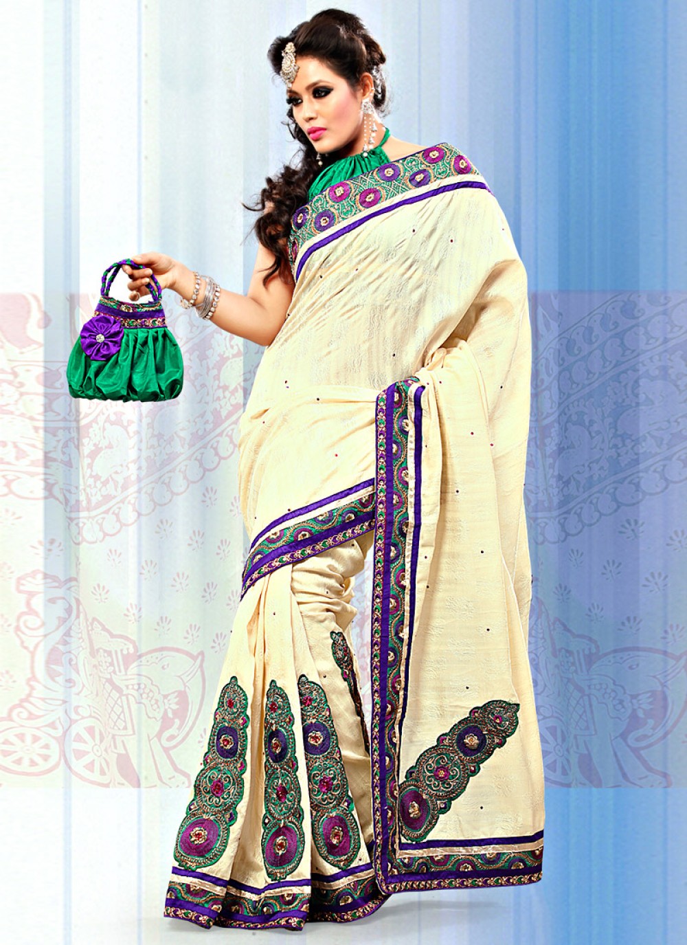 Cream Art Bhagalpuri Jacquard Silk Saree