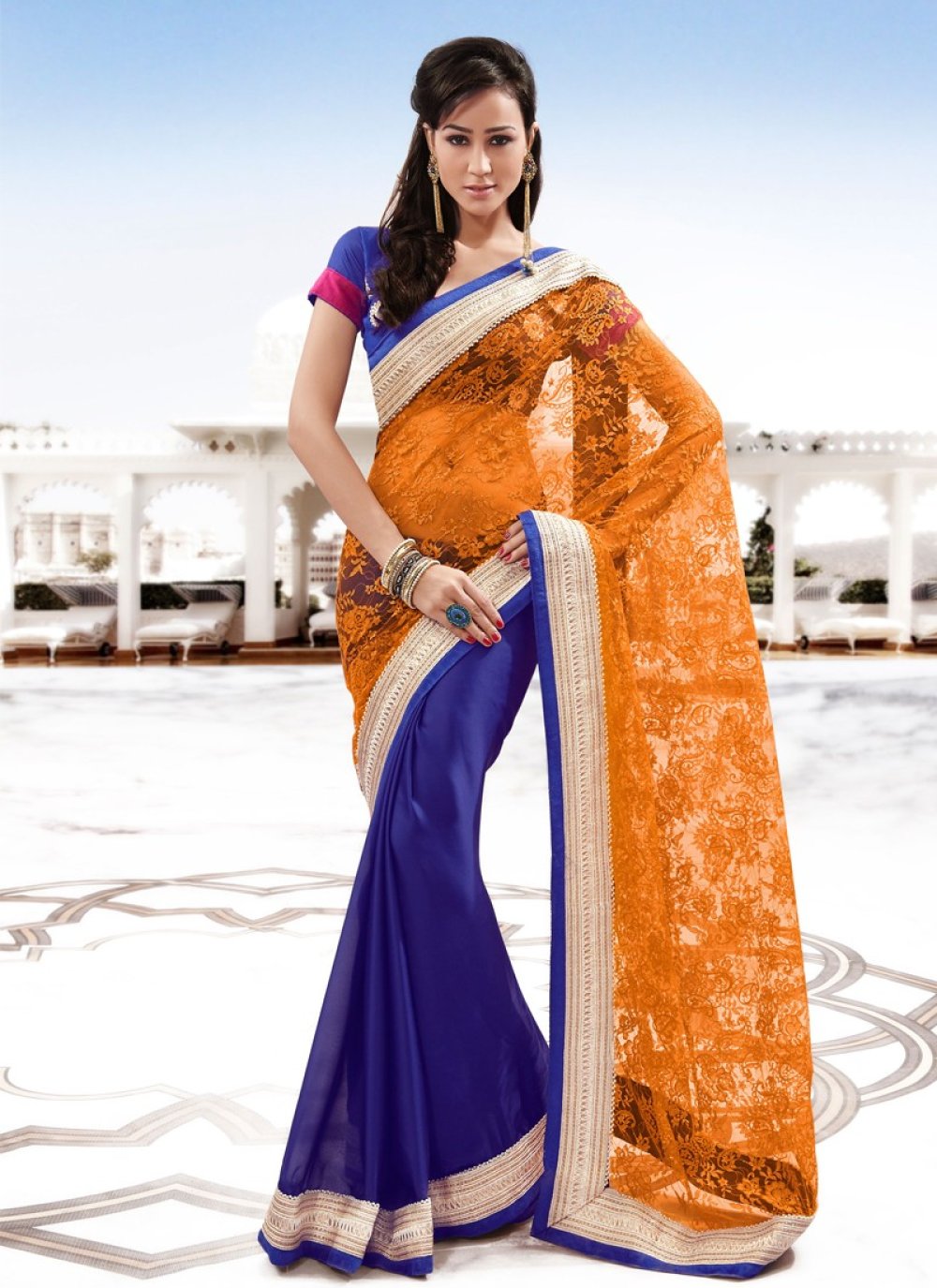 Traditional Sambalpuri Papa Silk: Banarasi Silk Pattern Blue orange saree