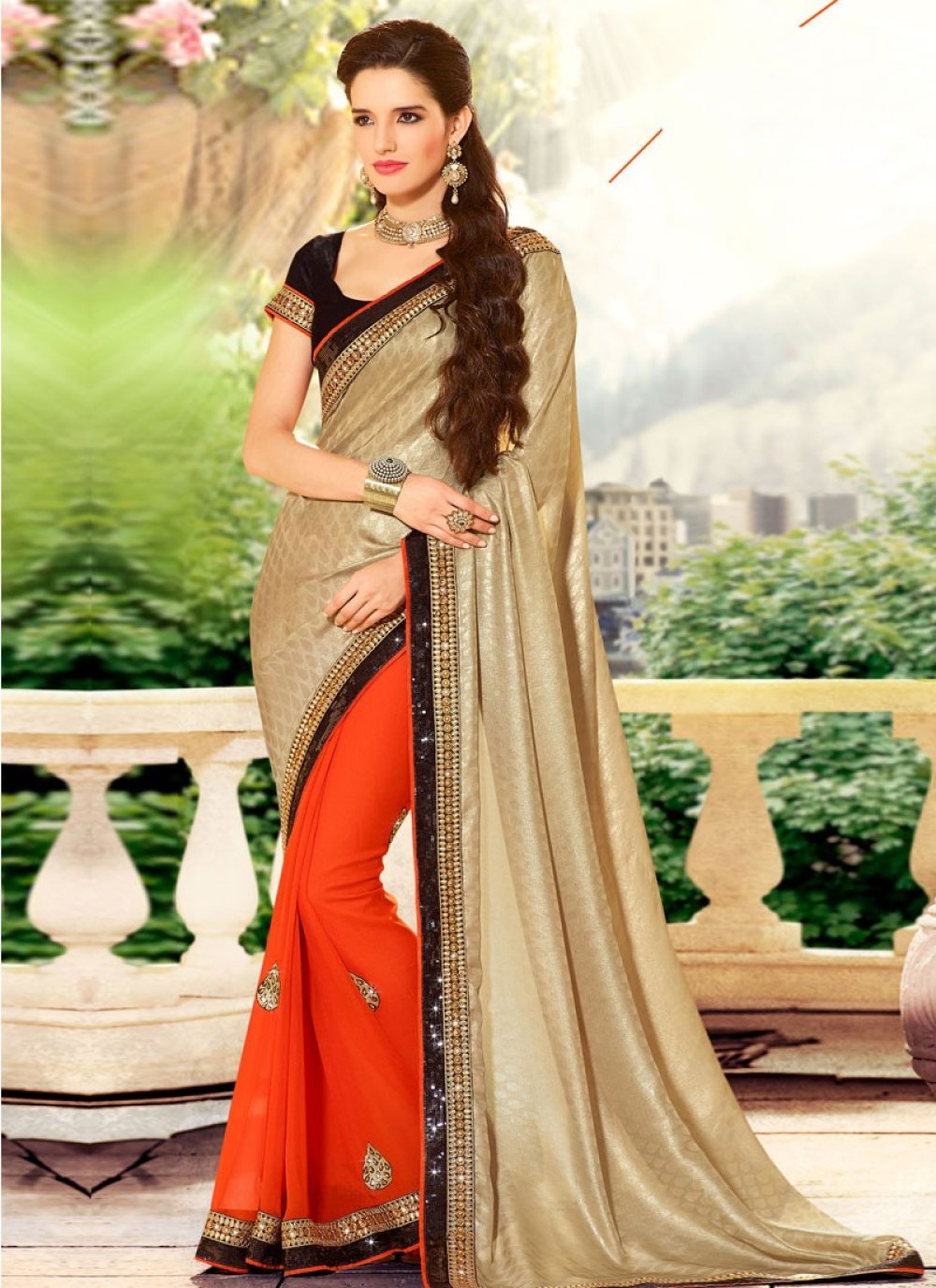 Orange pink Georgette party wear saree 6911