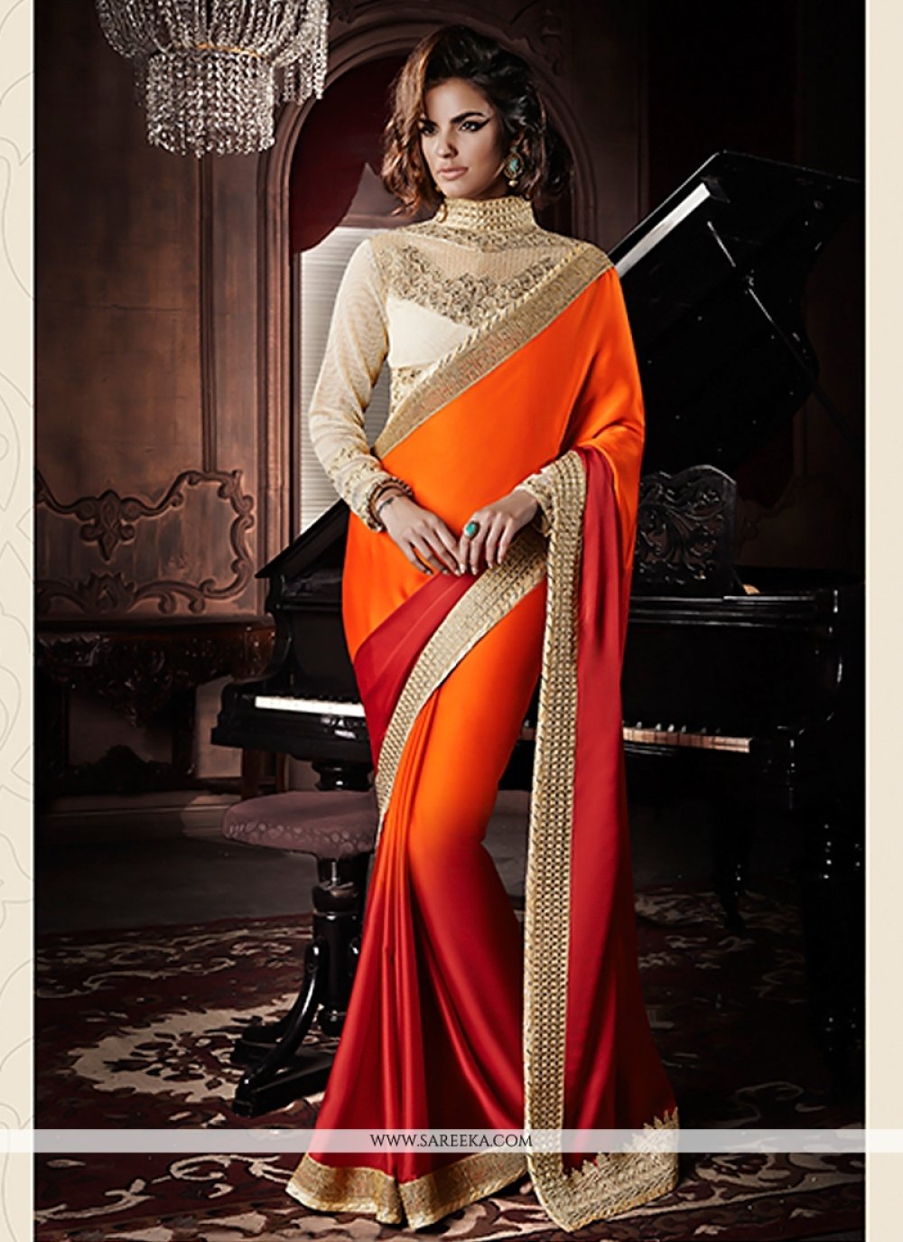 Evening Wear Resham Work Embroidered Soft Silk Light Orange Saree|SARV117468