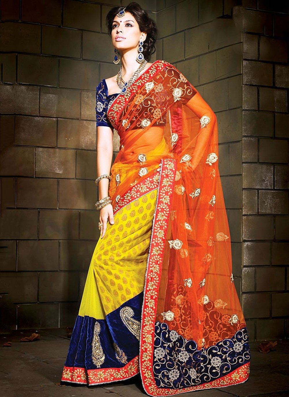 In a orange & green color half saree and elbow length sleeve blouse design  | Half saree designs, Half saree function, Lehnga saree