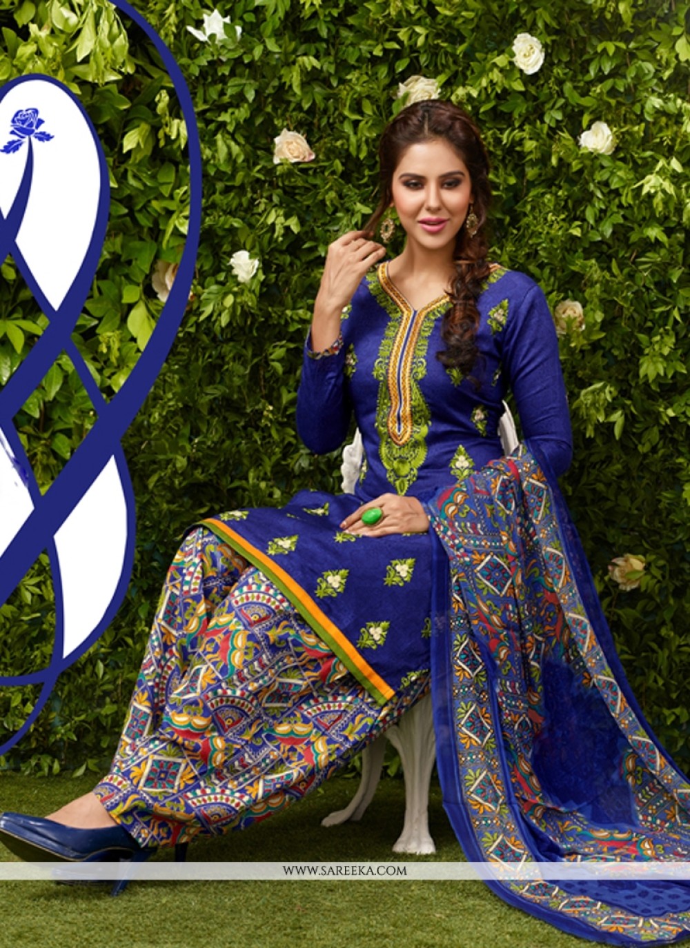 Embroidered Work Glessh Blue Designer Patiala Suit