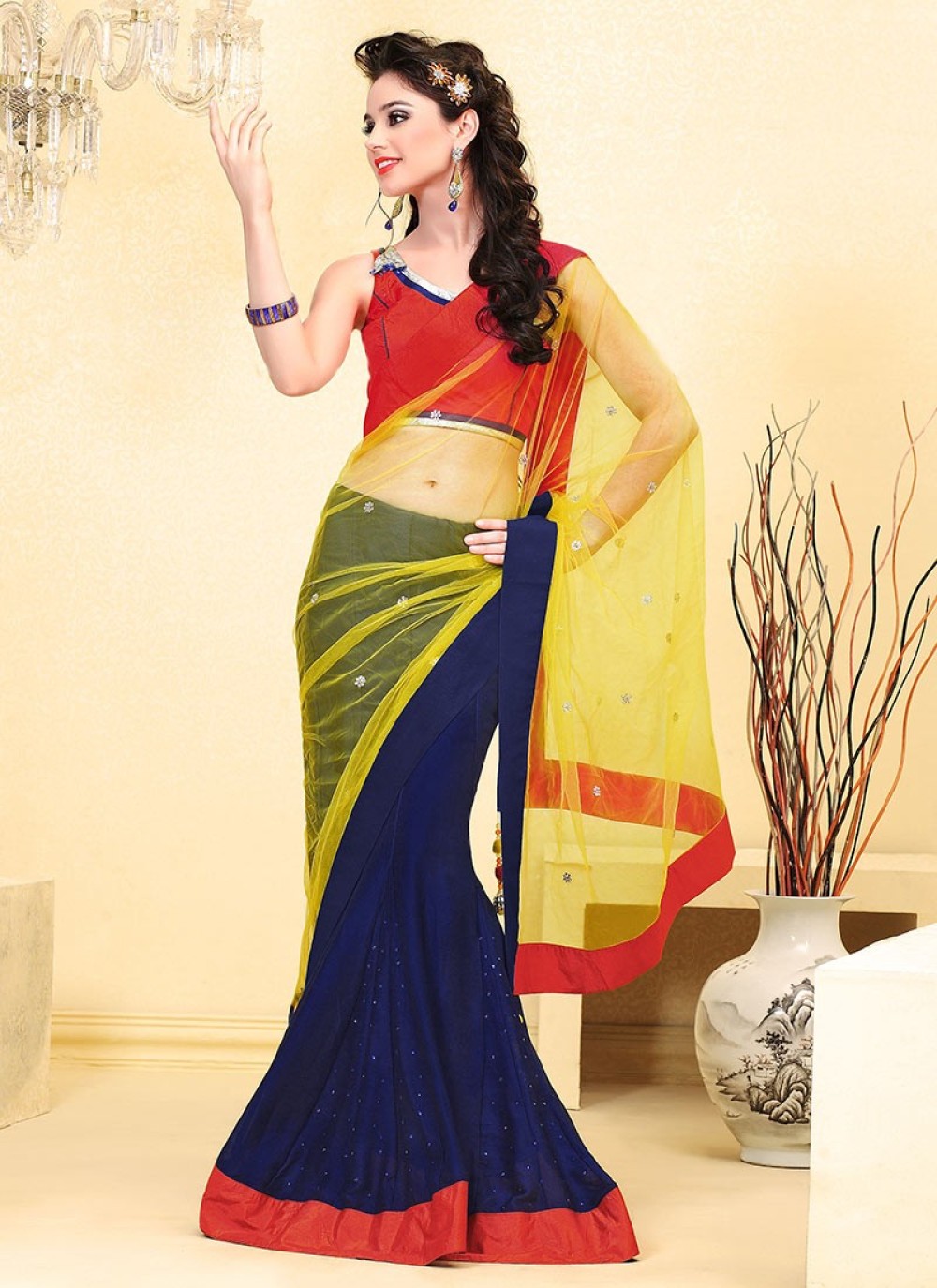 Georgette Yellow And Navy Blue Designer Half Half Saree With Fancy Work And  Mesmerizing Blouse