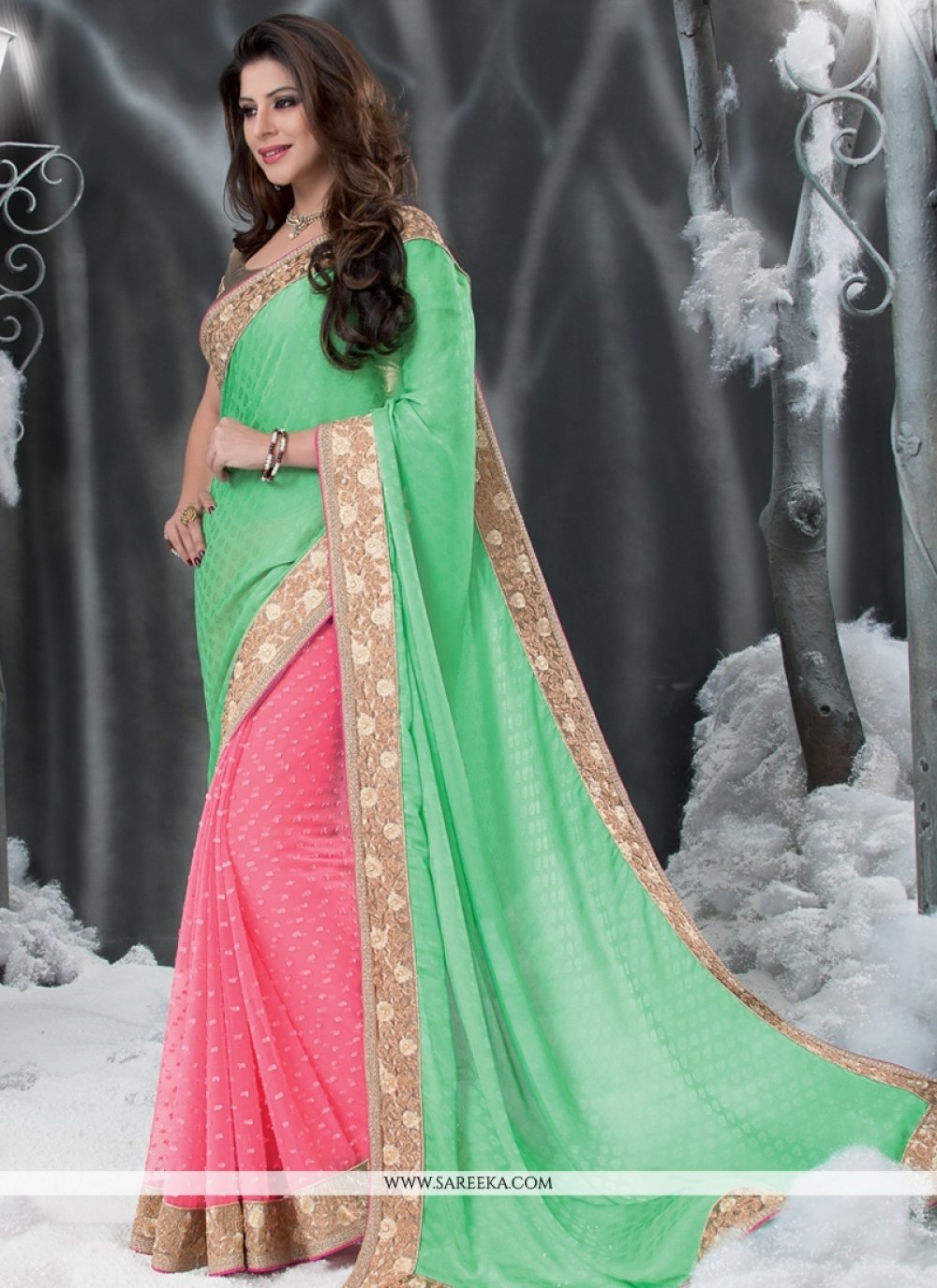 Pure Silk by Cotton Parrot Green Saree with Pink and Golden Zari Pallu –  Silksaga Studio