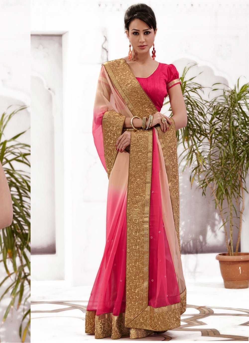 Buy Onion Pink Stonework Net Saree - Koskii