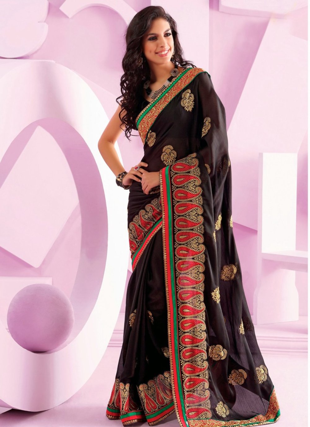 Black and Maroon Coloured Embroidered Chiffon Party Wear Saree With Blouse  - Swaron - 417636