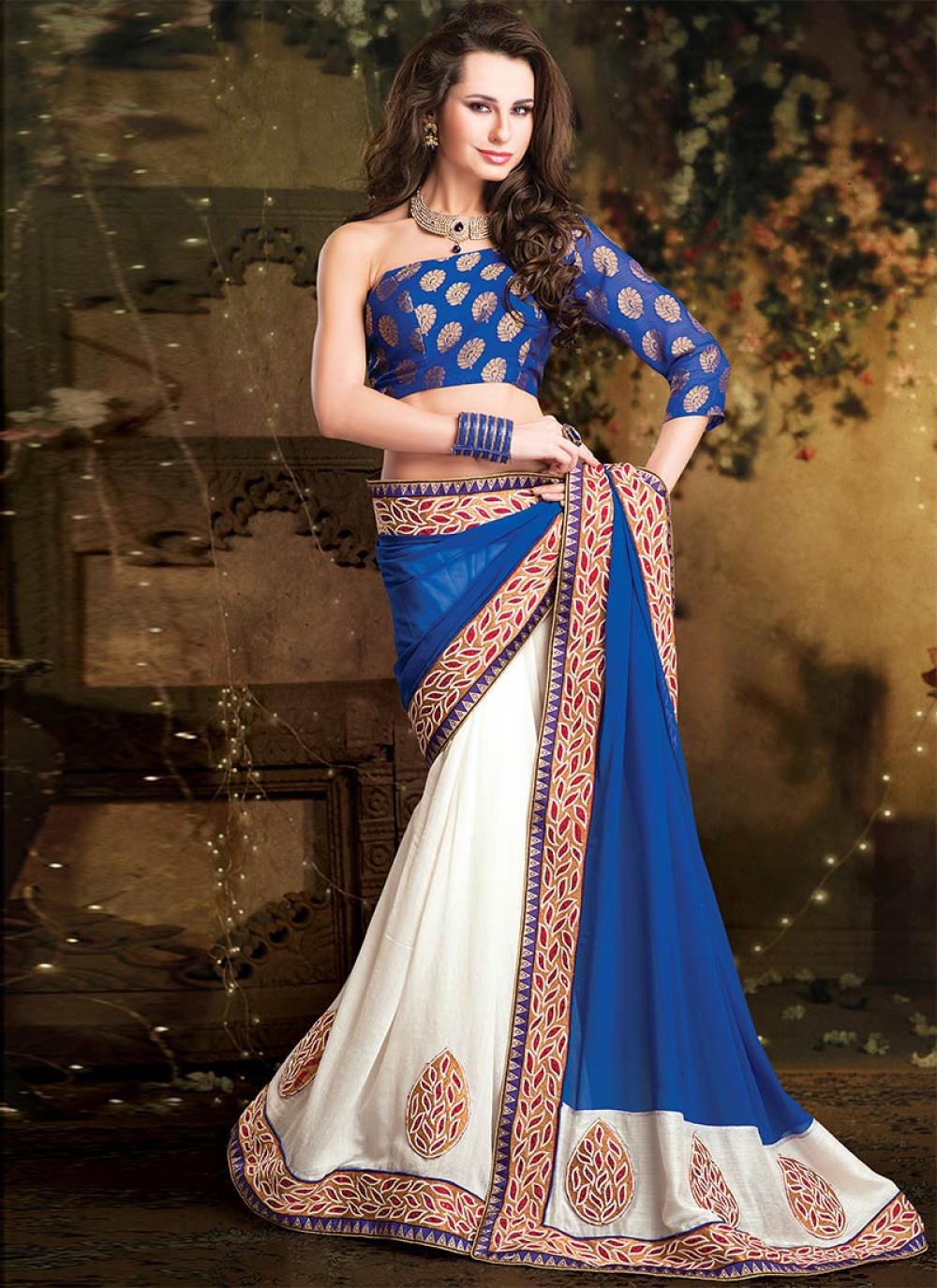 Elegant White Brasso Saree with Blue Blouse