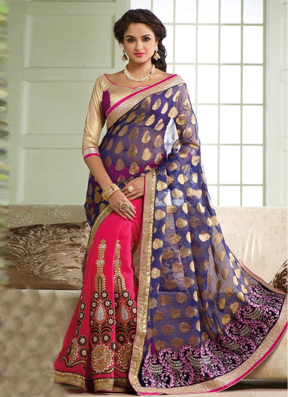 Blue mayil chakra puresilk halfsaree,contrast floral jaal dhavani,big zari  border & blouse of yaanai,mayil,kuthirai