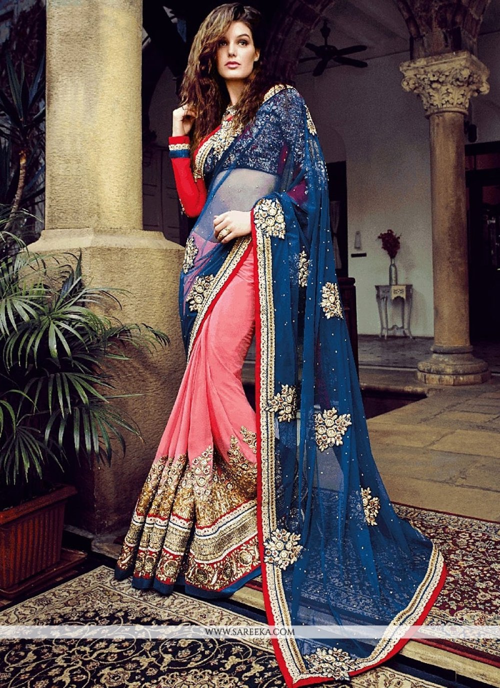 Pink And Blue Net And Bamber Georgette Saree