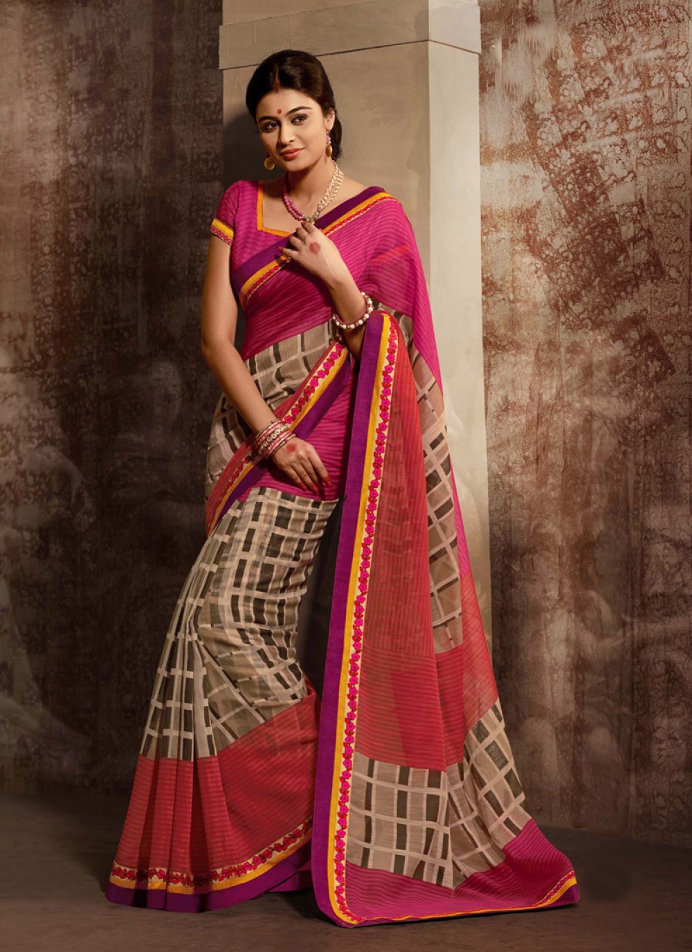 Pink And Brown Shaded Printed Party Wear Saree