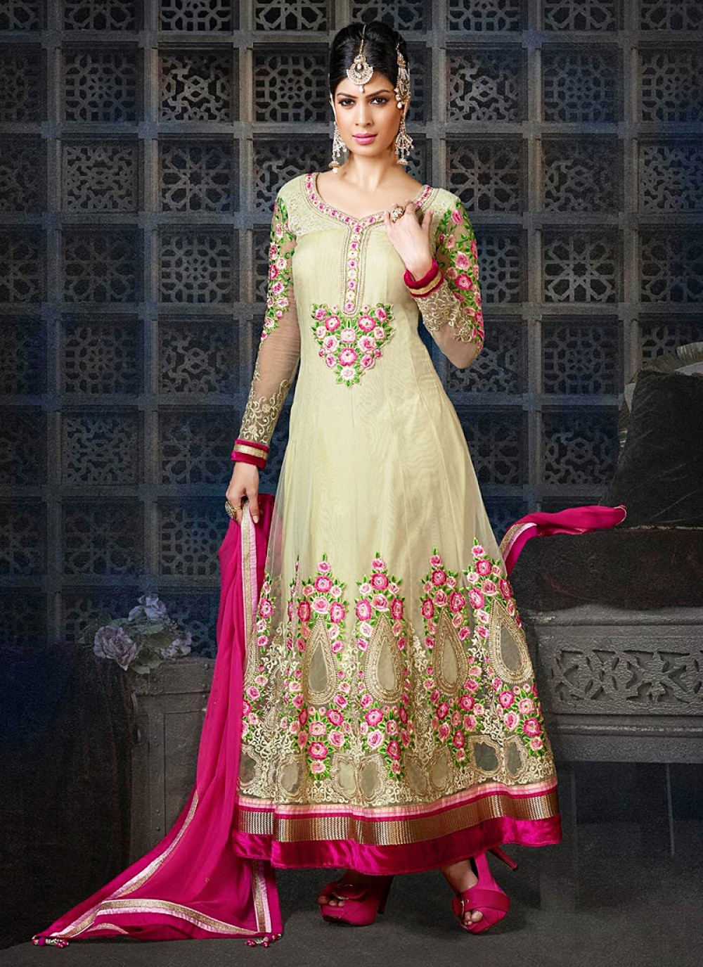 Pink And Cream Embroidery Net Anarkali Suit