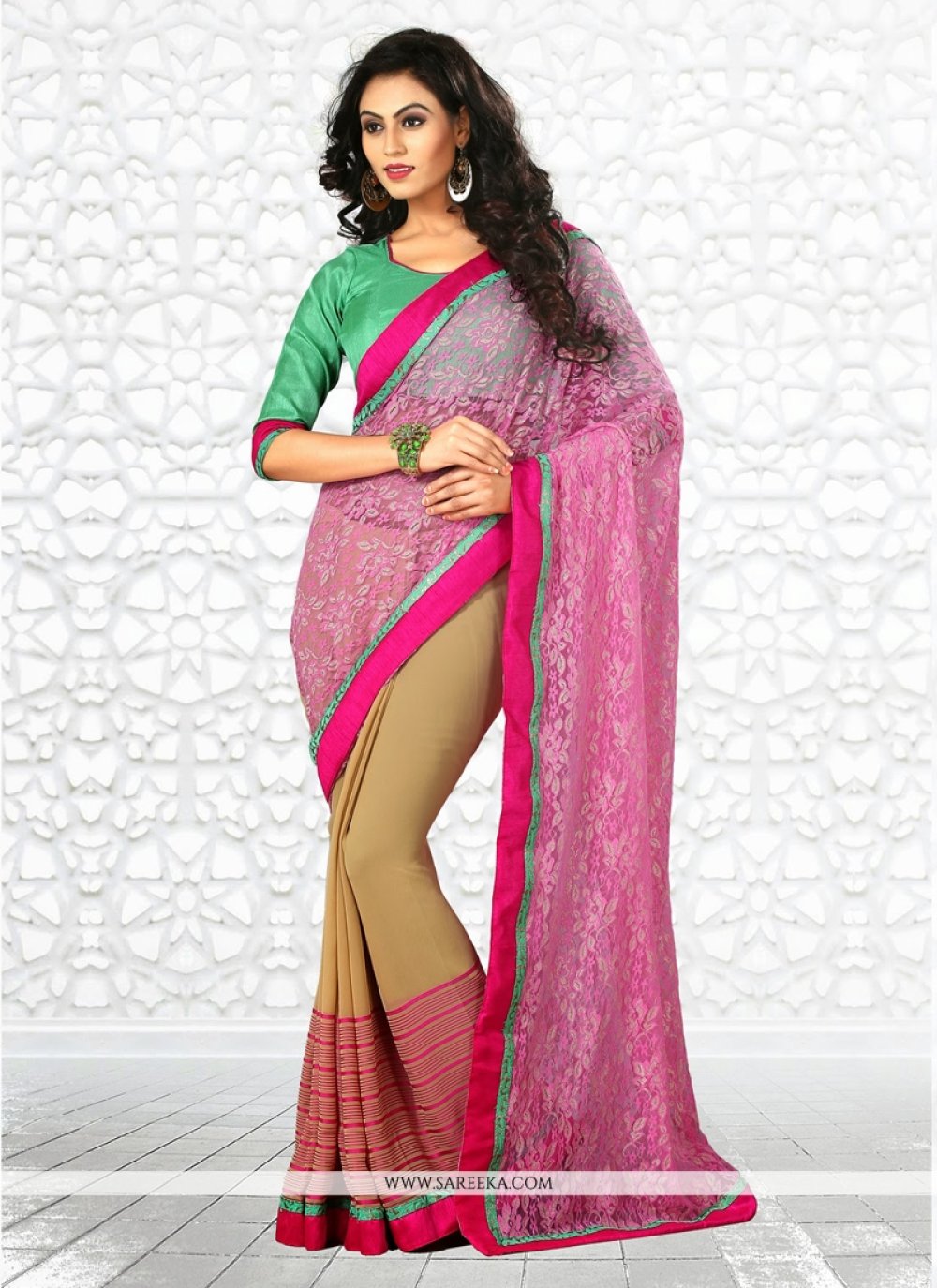 Pink And Cream Georgette And Net Saree