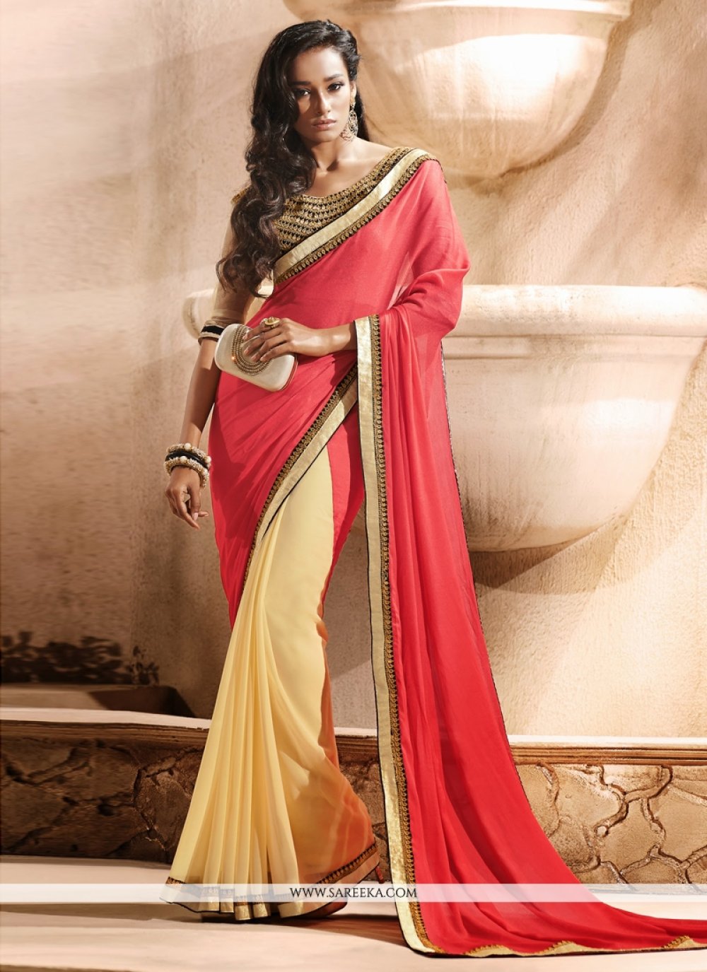 Pink And Cream Georgette Casual Saree
