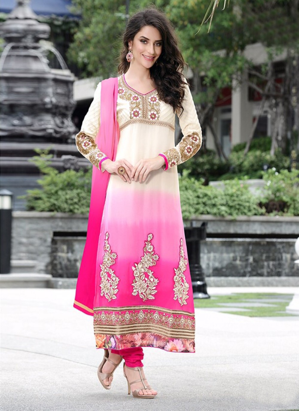 Pink And Cream Pure Georgette Churidar Suit