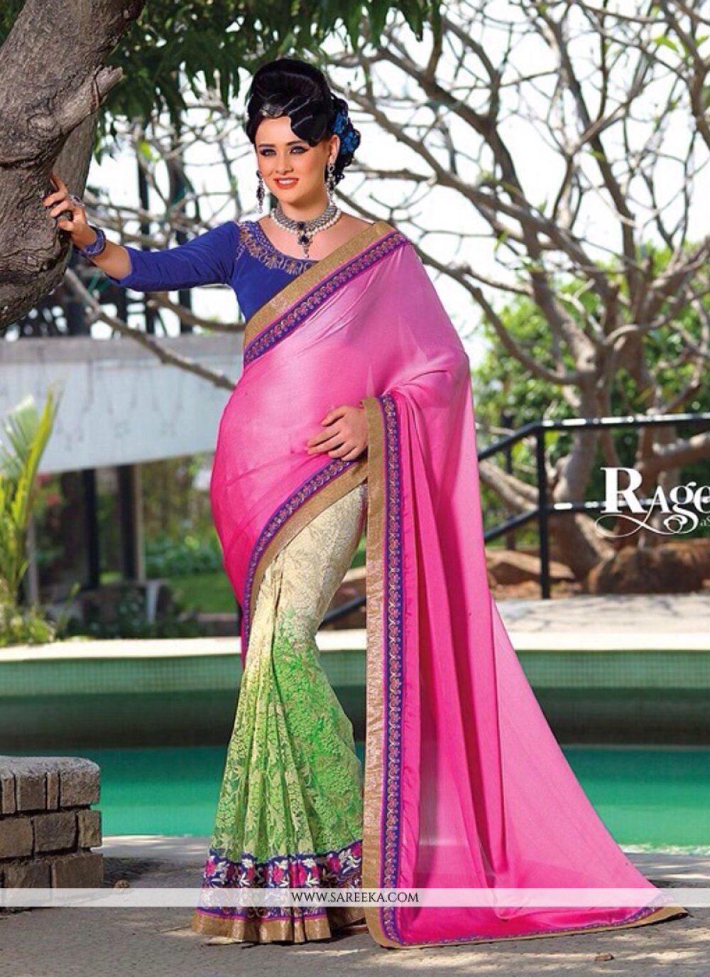 Pink And Green Shaded Jacquard Designer Saree