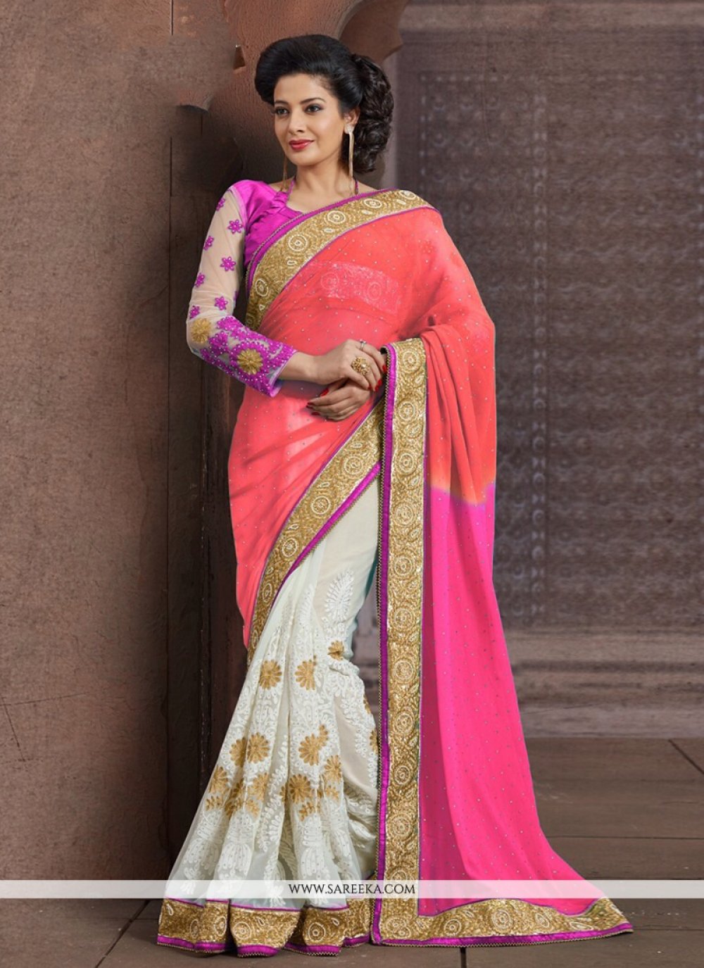 Pink And Off White Faux Chiffon Half And Half Saree