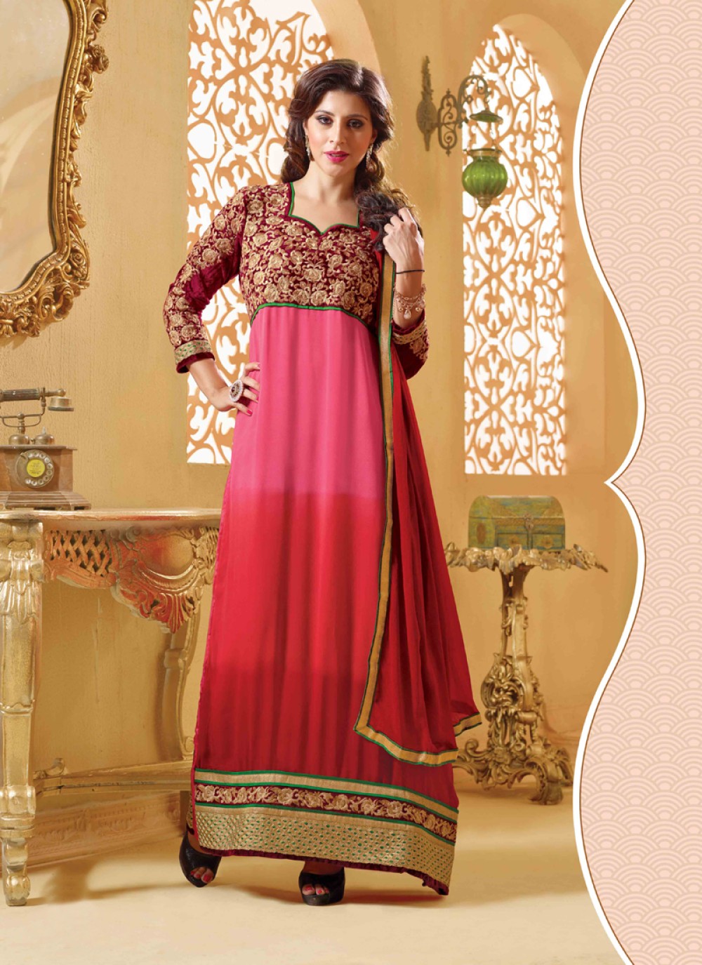 Pink And Red Shaded Georgette Churidar Suit