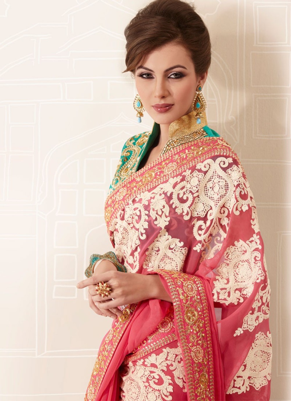 Pink Embroidered Faux Georgette Saree
