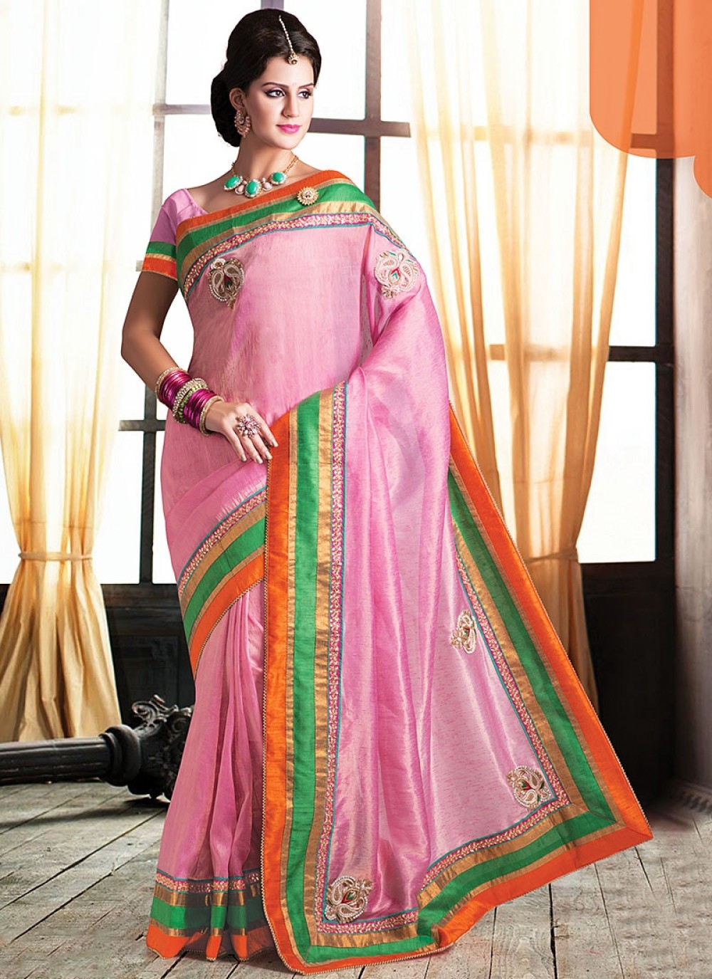 Pink Pure Jute Designer Saree