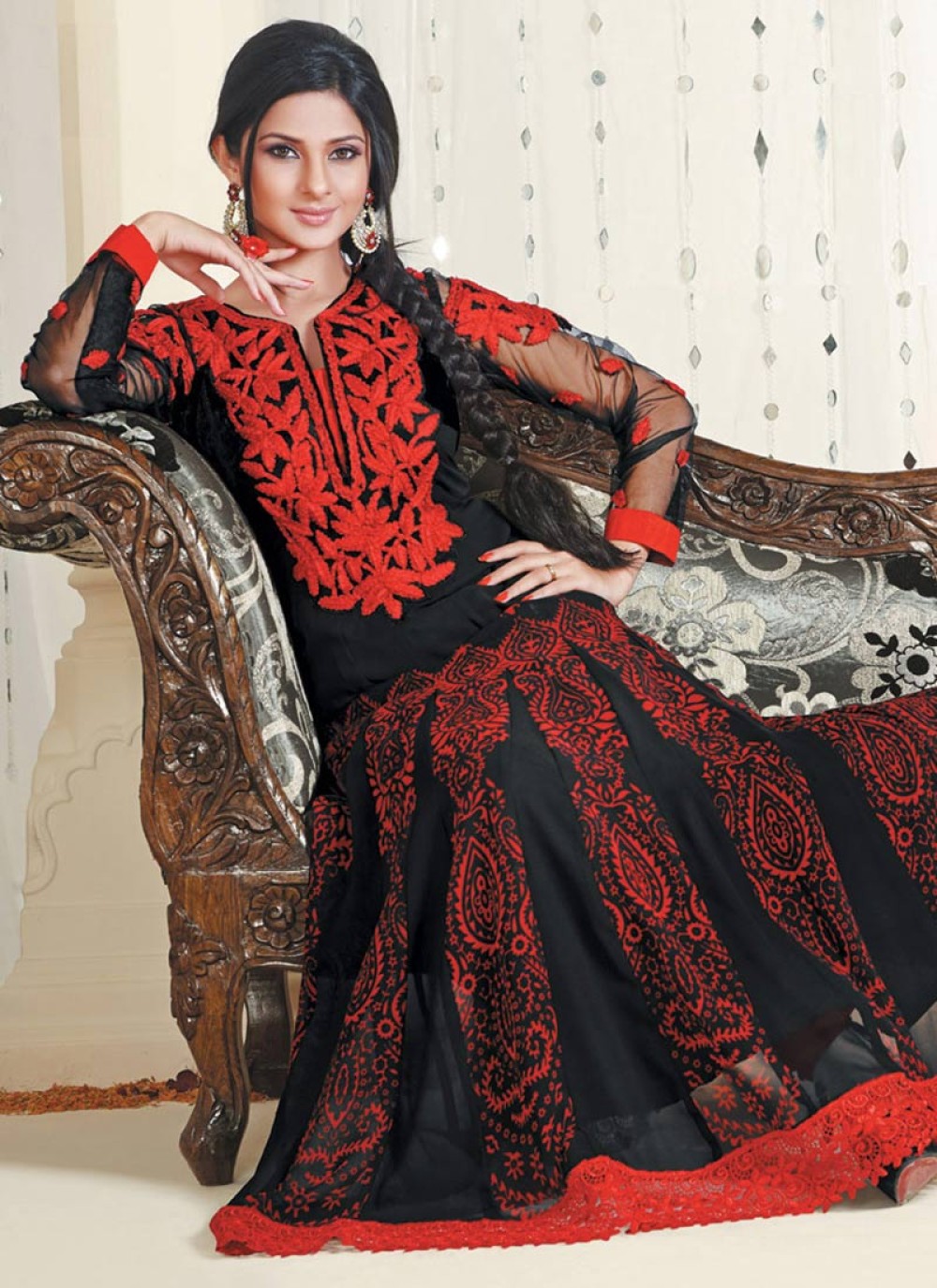 Black And Red Resham Work Anarkali Suit