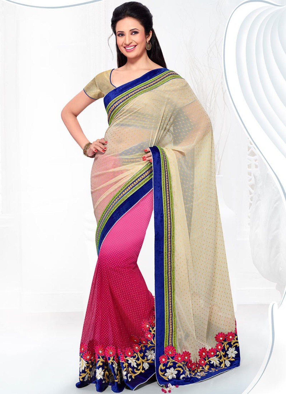 pink and cream half saree