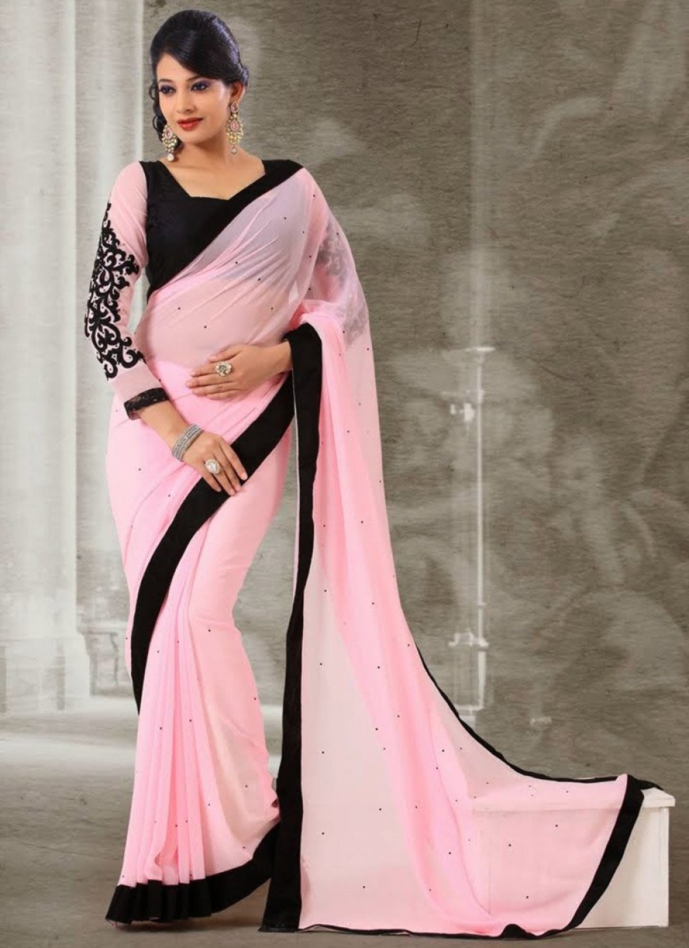 Preety Pink Patch Border Faux Georgette Saree