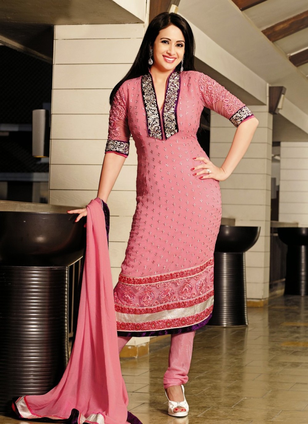 Preety Pink Resham Border Work Churidar Salwar Suit