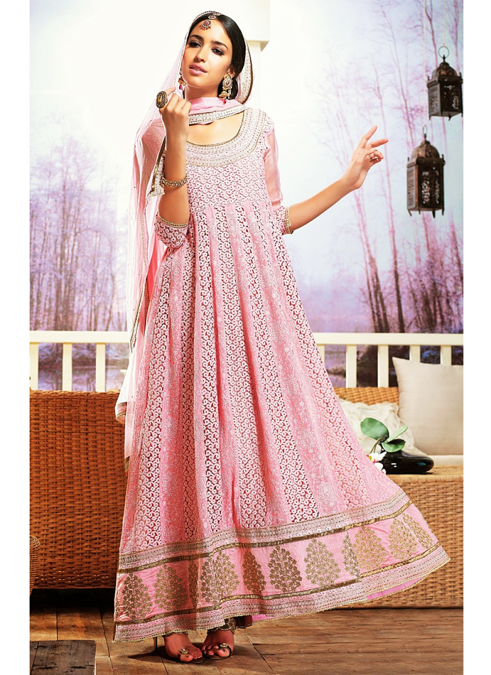 Preety Pink Resham Work Faux Georgette Anarkali Suit