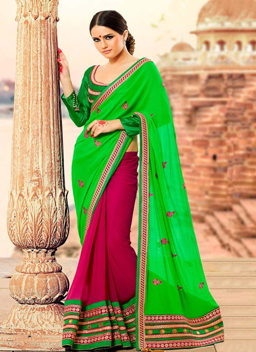 Green And Magenta Traditional Zari Woven Banarasi Silk Lehenga Choli