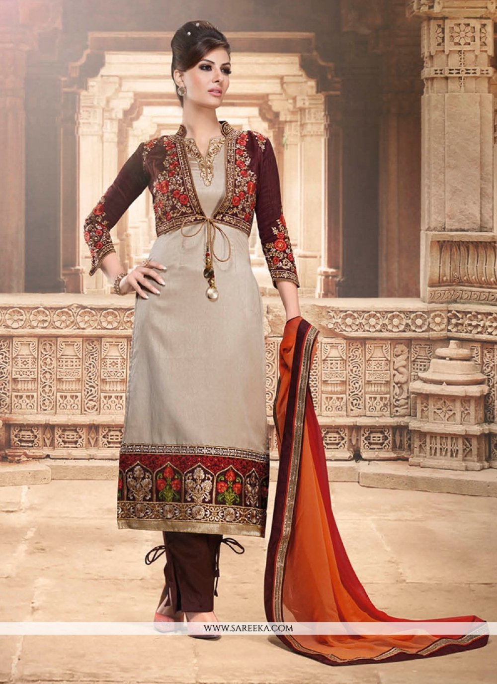 Grey Art Silk Jacket Style Salwar Suit