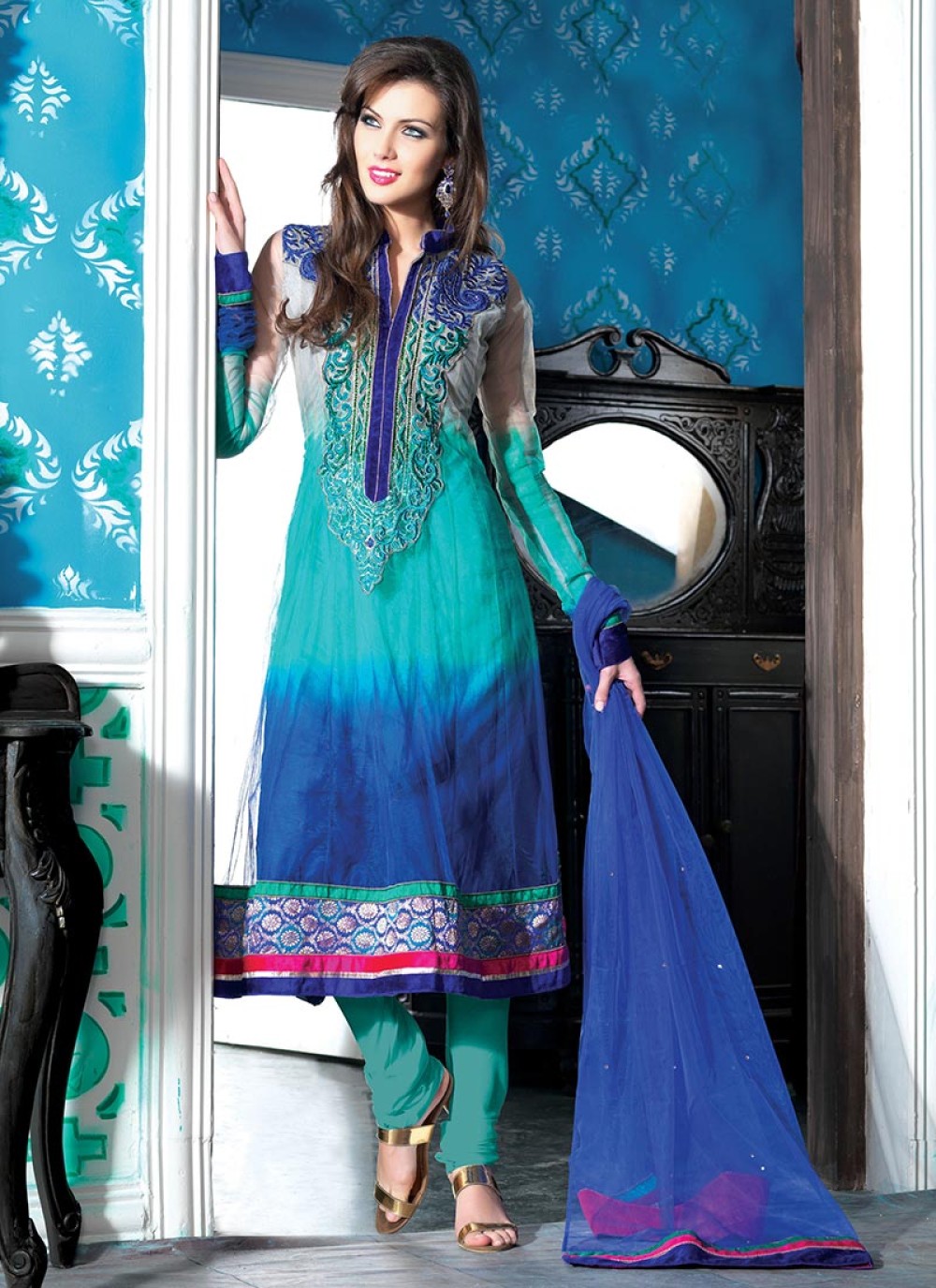 Turquoise Net Churidar Suit